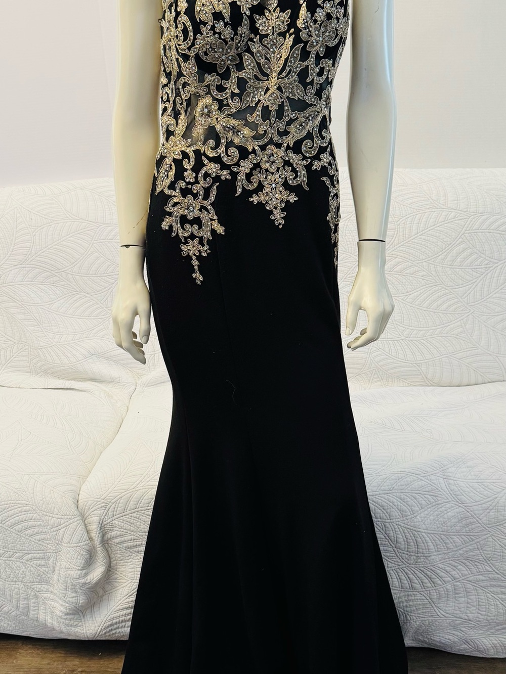 Black Prom Gown with Gold Embellished Bodice